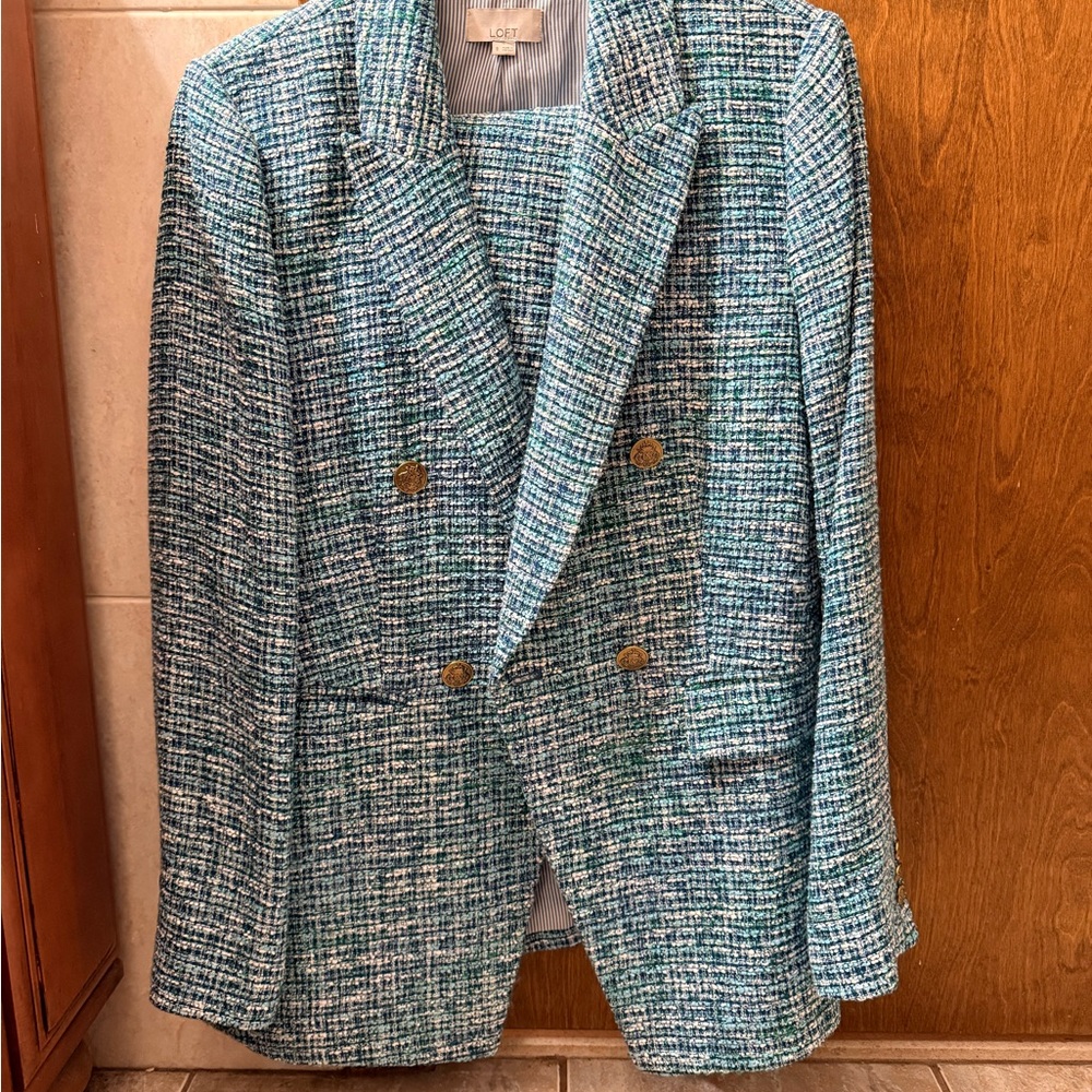 LOFT Women's Blue Tweed Blazer Sz 8 and Matching Skirt Sz 10